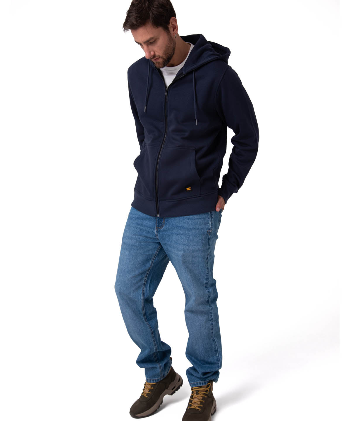 Polerón Con Gorro Hombre CAT Patch Full Zip Azul Oscuro Cat