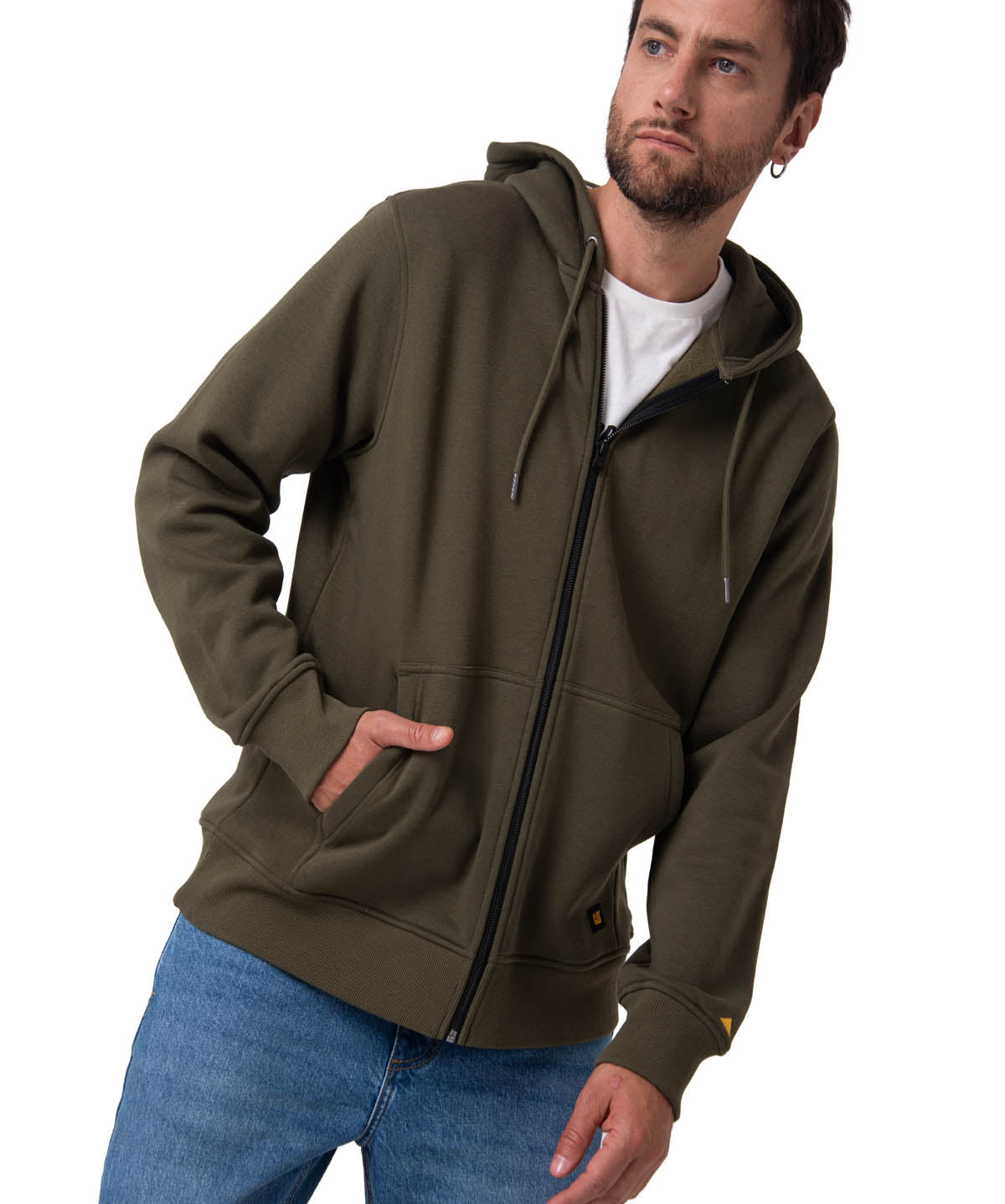 Polerón Con Gorro Hombre CAT Patch Full Zip Verde Cat