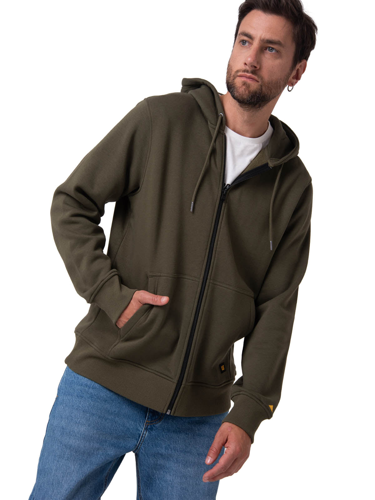 Polerón Con Gorro Hombre CAT Patch Full Zip Verde Cat