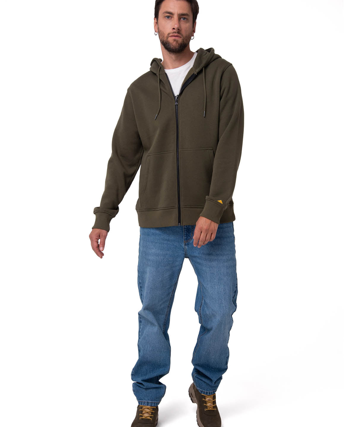 Polerón Con Gorro Hombre CAT Patch Full Zip Verde Cat