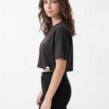 Polera Manga Corta Mujer Crop Rhinestone Grap Negro