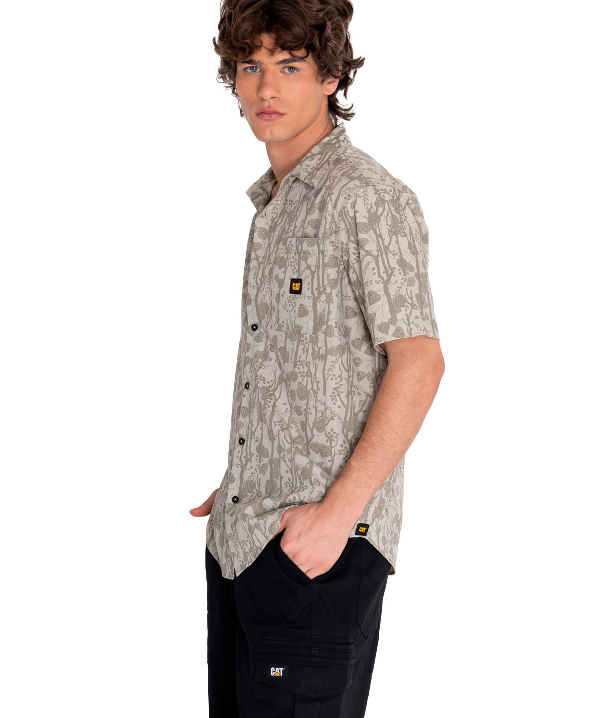 Camisa Manga corta Casual Hombre RELAXED PRINTED POPLIN S/S SHIRT Beige/Crudo CAT