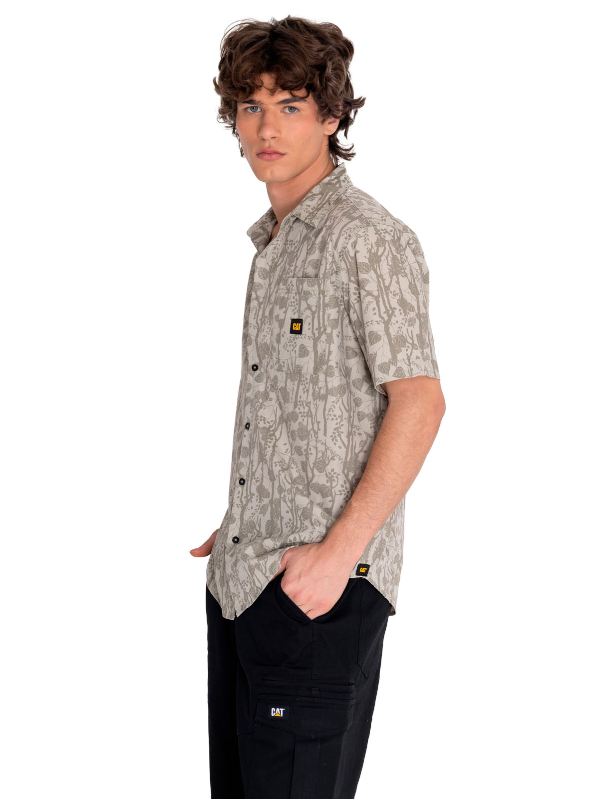 Camisa Manga corta Casual Hombre RELAXED PRINTED POPLIN S/S SHIRT Beige/Crudo CAT