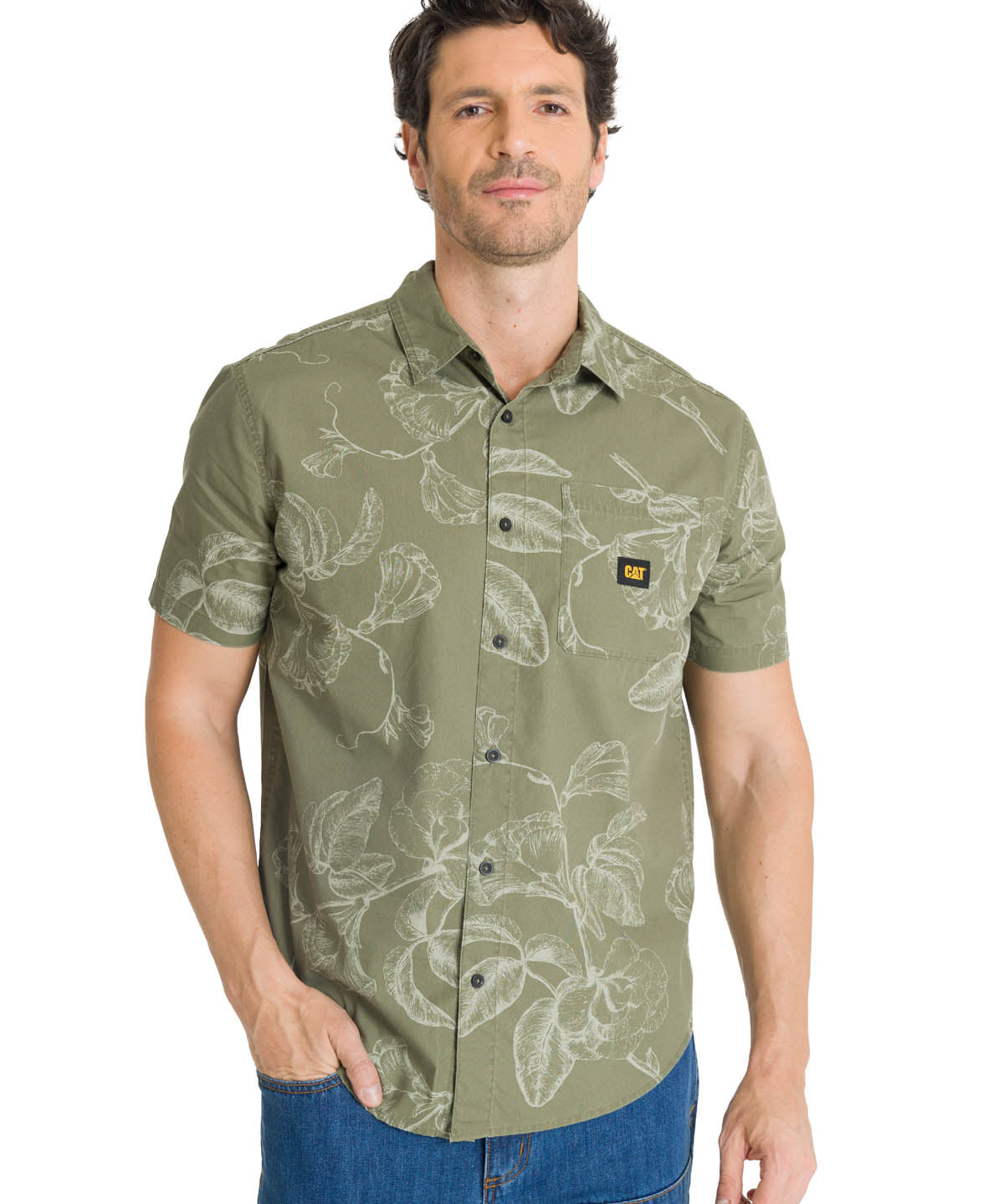 Camisa Manga Corta Hombre Relaxed Poplin Verde CAT