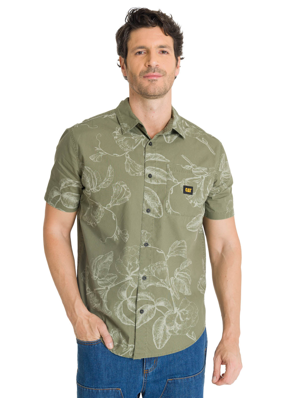 Camisa Manga Corta Hombre Relaxed Poplin Verde CAT