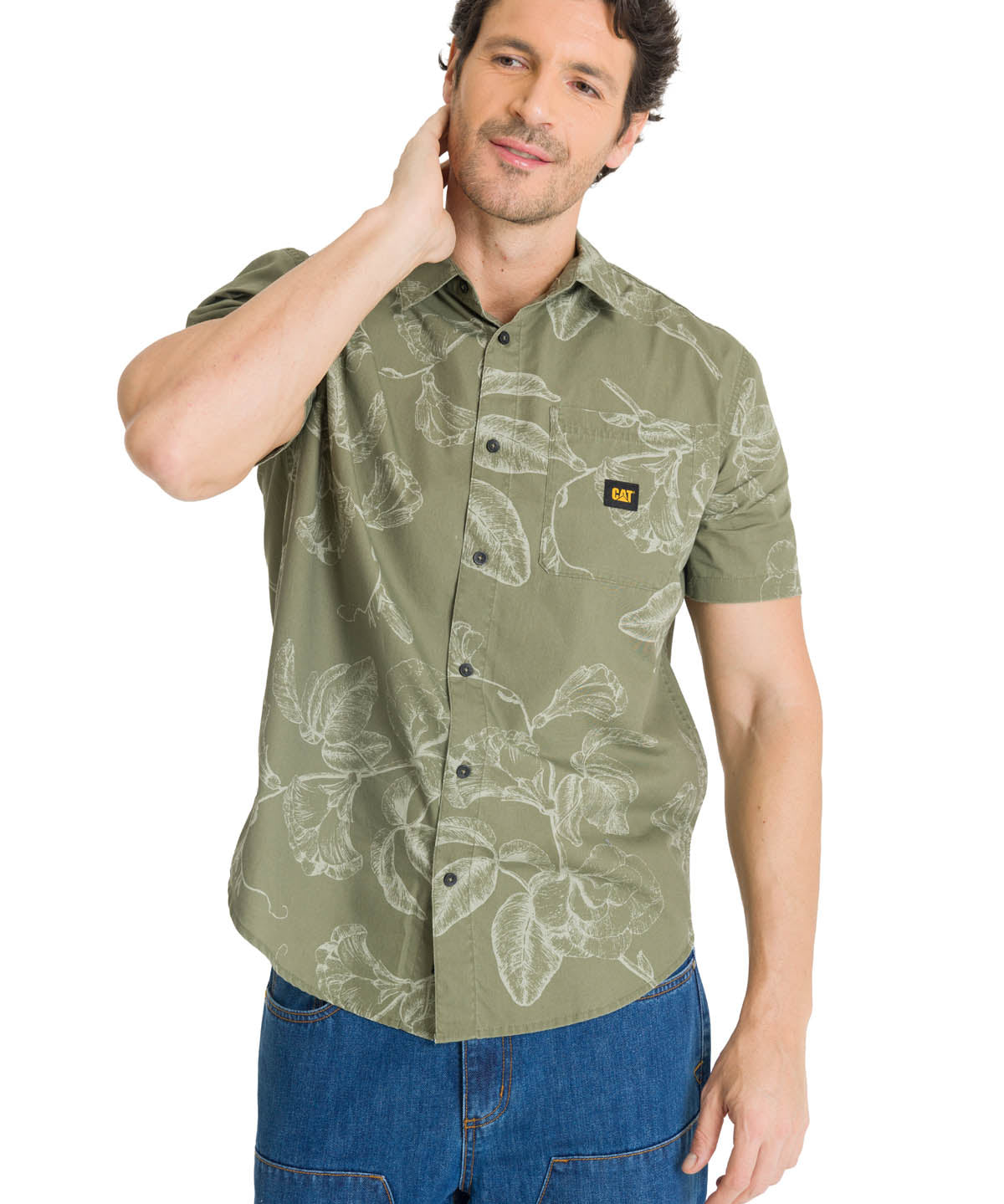 Camisa Manga Corta Hombre Relaxed Poplin Verde CAT