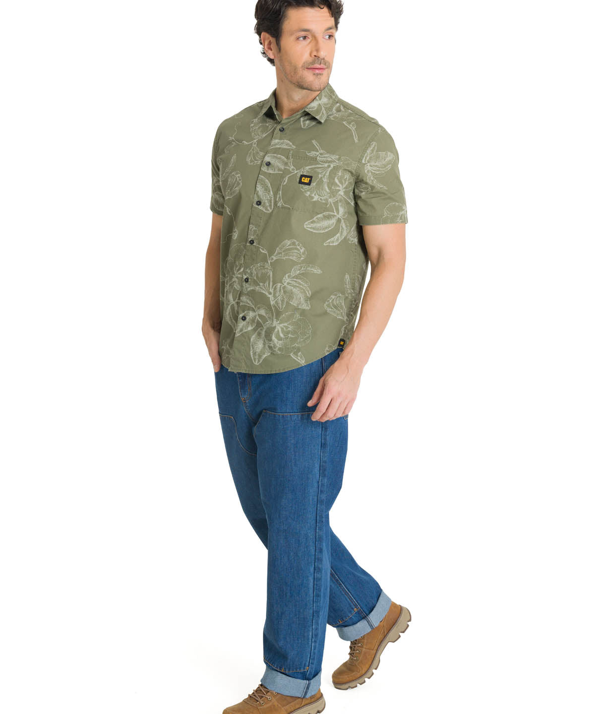 Camisa Manga Corta Hombre Relaxed Poplin Verde CAT